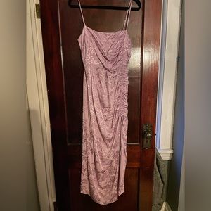 Purple midi satin floral dress with ruched side